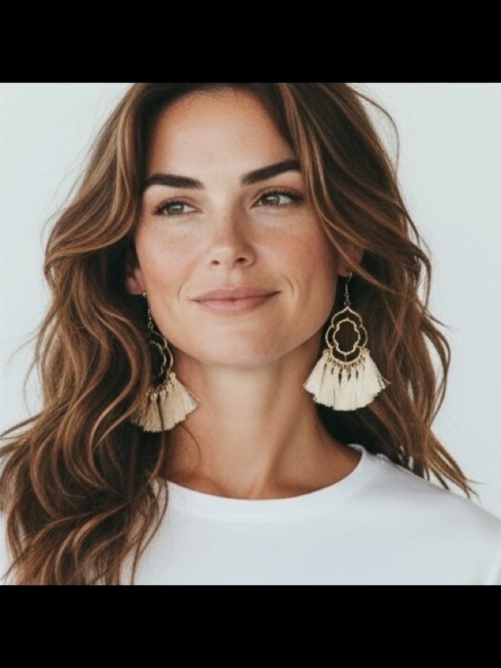 Cream Tassel Drop Earrings with Gold Accents